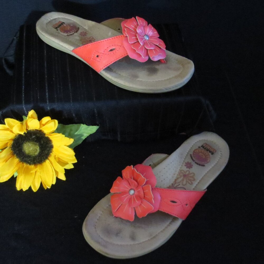 Earth Spirit Shoes Coral Flower Detail Faux Leather Thong Sandals Comfy Size 6